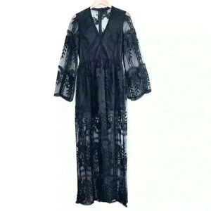 🌈 6/$60, Floral, Sheer, Maxi Dress, Black Taffeta Lace Throughout, Size XS